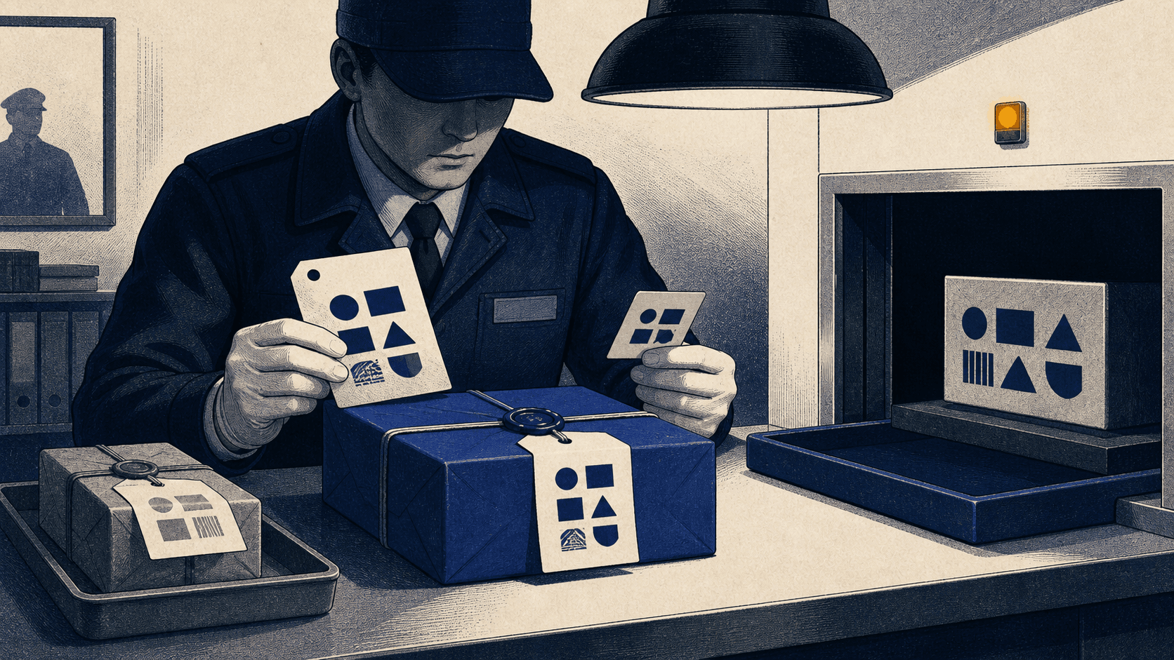 Инспектор сверяет на посылке адресную карточку, отдельную метку и узор принимающего лотка биржи