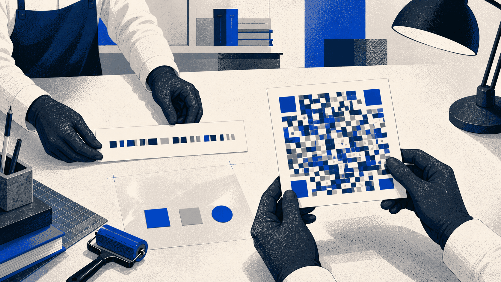 Стол бюро переводов с QR-карточкой, отдельной карточкой адреса и образцом сети USDT