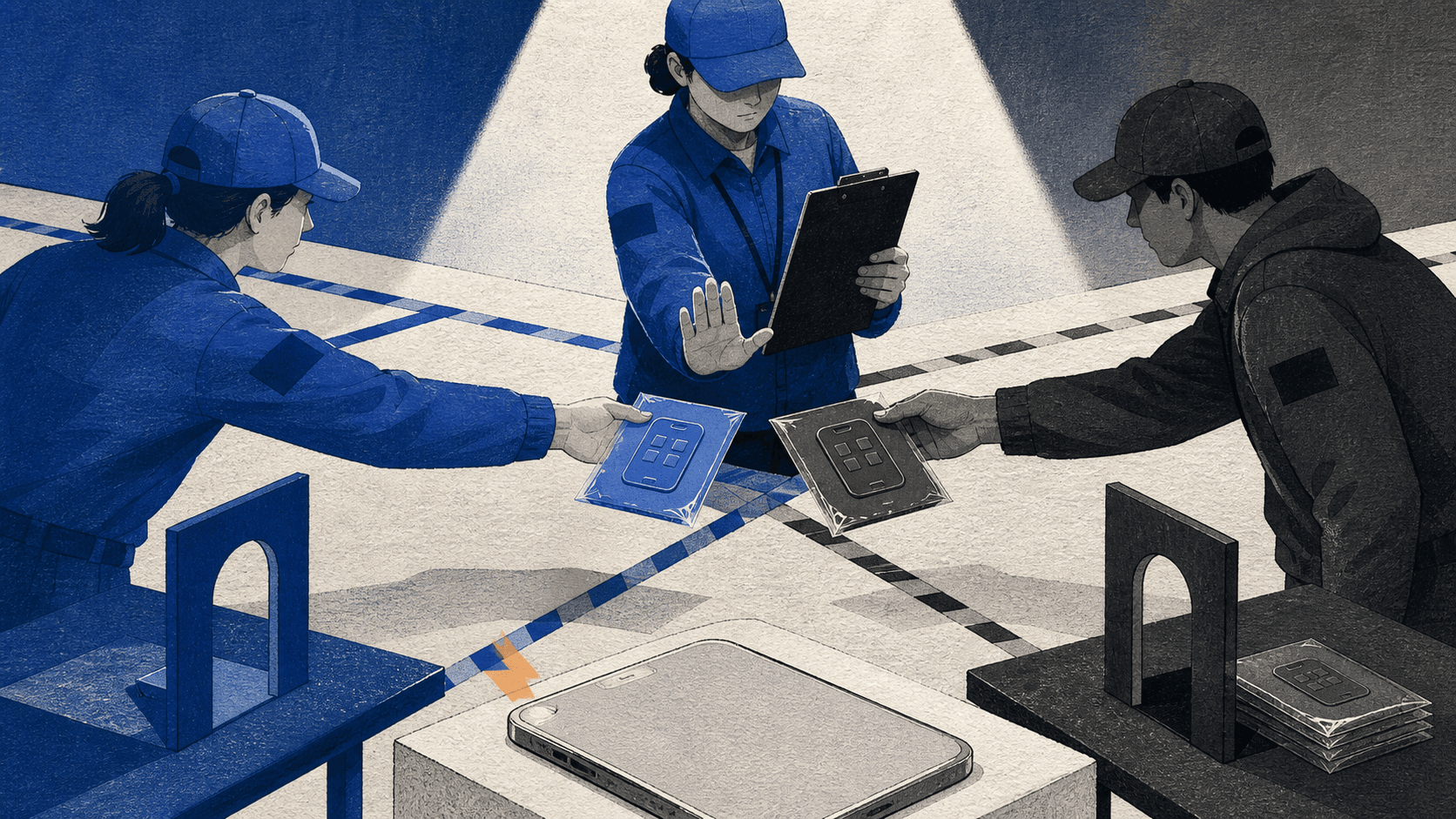 Редакционная метафора проверки происхождения: приложение проходит через официальный издательский канал, а поддельная копия остаётся за его границей