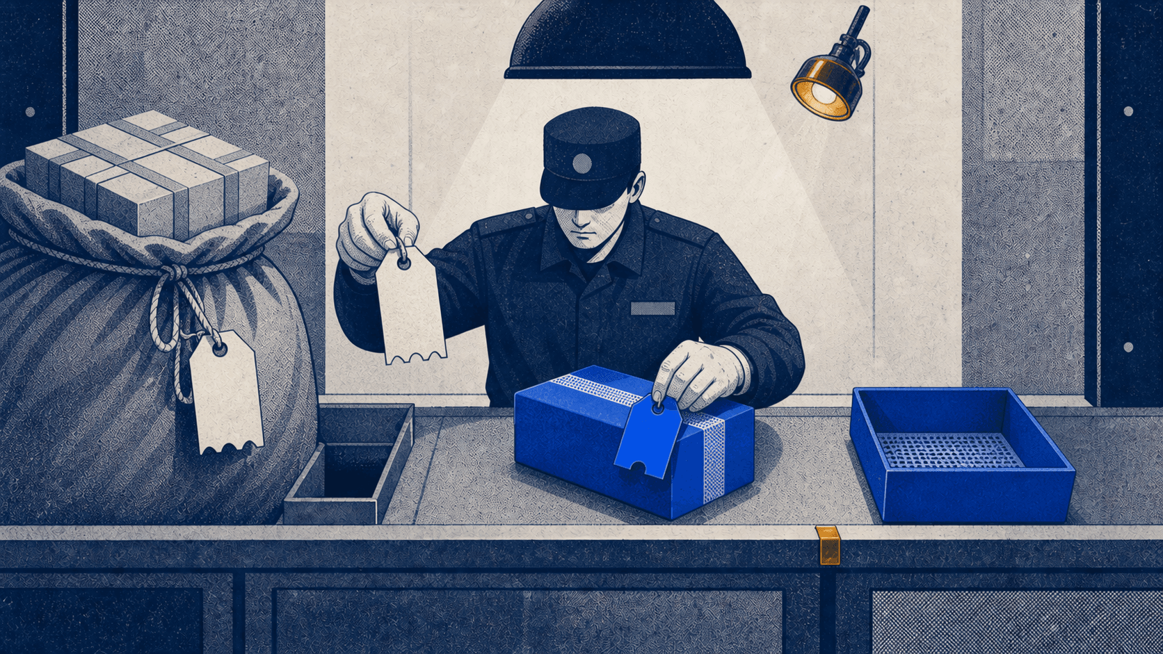 Инспектор отделяет ярлык общего склада отправки от нового реквизита личного лотка для возврата