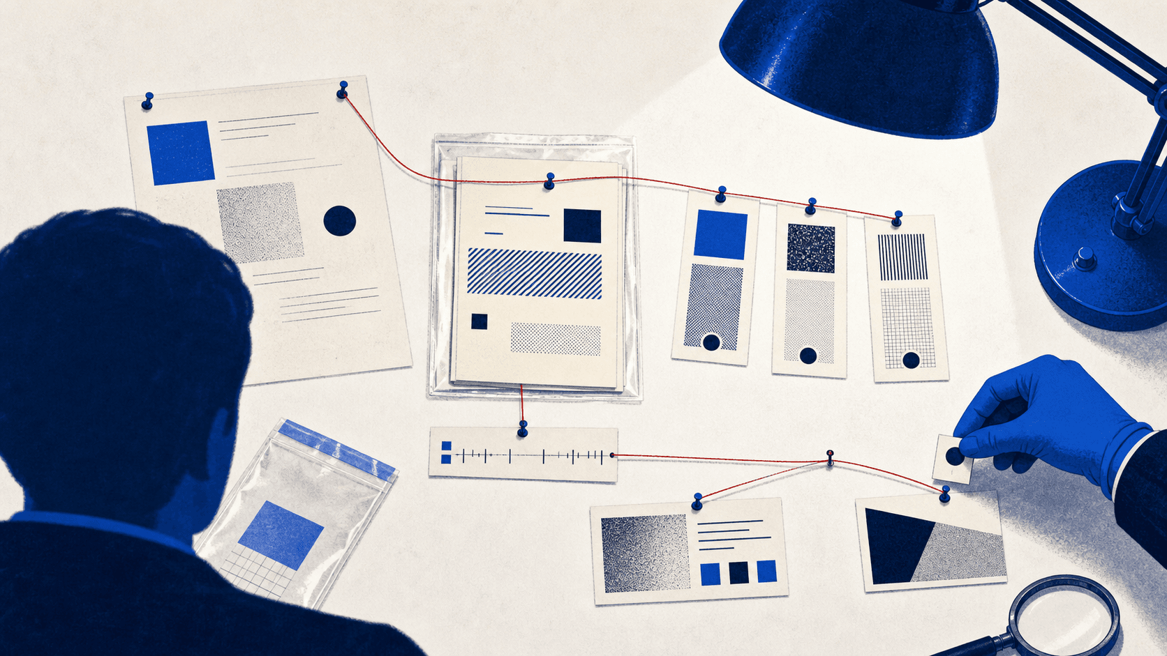 Криминалистическая доска с красной нитью связывает улику ERC-20 approval, досье двух режимов Permit2 и след расхода или отзыва